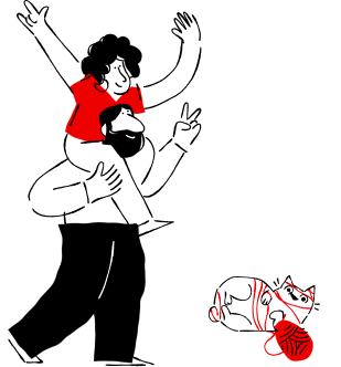 illustratie van een stel dat met een kat speelt